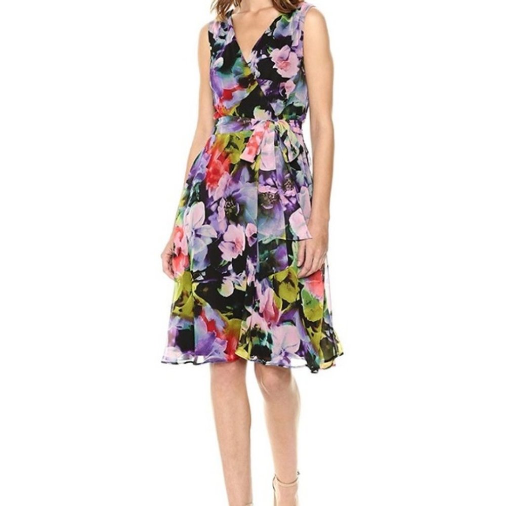 Tahari Floral Chiffon Faux Wrap Dress